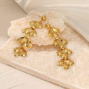 Elegant gold-plated stainless steel teardrop drop earrings with intricate floral engravings