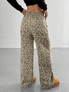 Classic leopard print wide-leg trousers with elastic high waist and flowy silhouette