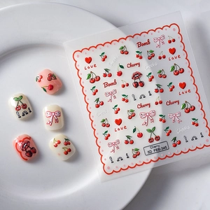 5D embossed red cherry and heart nail art stickers with 3D relief texture for manicure