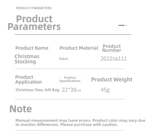 Detailed product parameters infographic for cloth Christmas stockings in 22x38cm size
