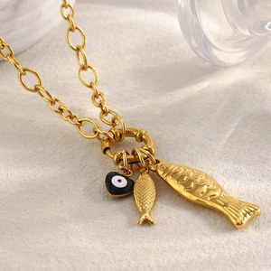 18K gold plated stainless steel necklace featuring fish charms and black heart pendant