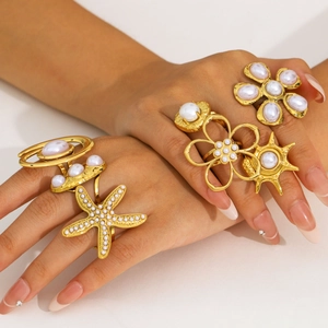 Bohemian Artificial Pearl Ring Stainless Steel 18K Gold Plated Starfish Flower Geometric Waterproof Holiday Jewelry For Women