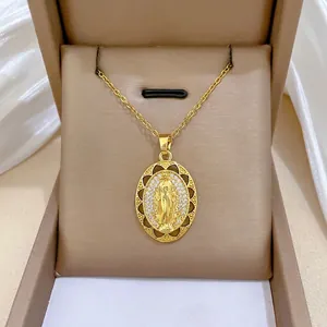 Virgin Mary Pendant Necklace Stainless Steel Chain Copper Zircon Religious Oval Relief Elegant Hollow Jewelry For Women