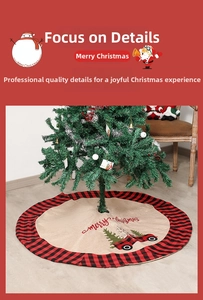 Detail of burlap Christmas tree skirt featuring red truck embroidery and plaid borders