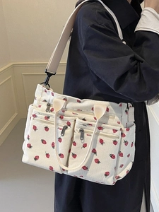Fashionable strawberry pattern corduroy shoulder bag with multi-pocket and crossbody strap