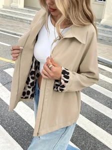 Women Jacket With Leopard Print Lining Zipper Up Lapel Collar Polyester Casual Streetwear Outerwear For Ladies