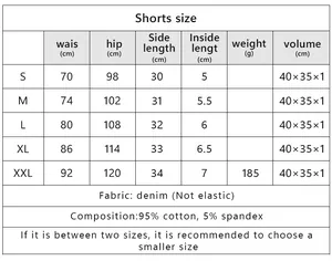 Detaillierte Größentabelle für High-Waist-Jeans-Shorts mit Maßen in Zentimetern