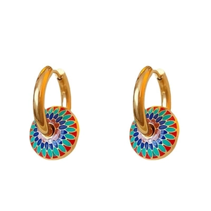 Bohemian gold-plated titanium steel hoop earrings with colorful floral enamel charms