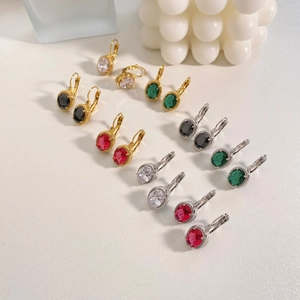 Vintage stainless steel oval zircon earrings in gold and silver with colorful gemstones