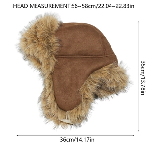 Brown faux suede trapper hat with dimensions 56-58cm circumference and plush faux fur lining