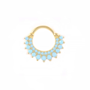 Gold septum ring detail with double rows of turquoise beads in a bohemian fan design