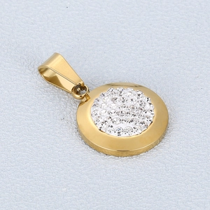 Golden round geometric pendant with micro-pave crystals and polished steel finish