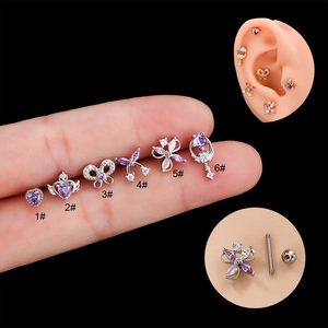 Purple Zircon Heart Bowknot Butterfly Cartilage Earring Studs Stainless Steel Double Headed Screw Piercing Jewelry