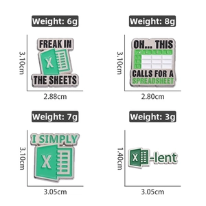 Detailed view of four Excel-themed metal pins with precise weights and size dimensions