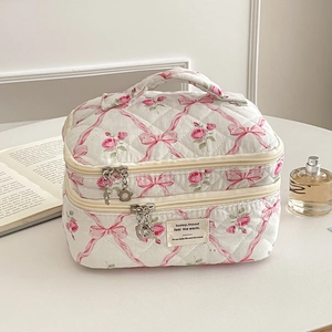 Detail of double-layer quilted makeup bag with pink floral patterns and metal zippers