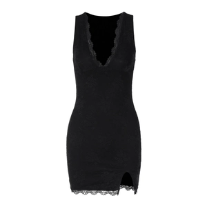 Detail of elegant black lace dress featuring a deep V-neck and delicate eyelash trim