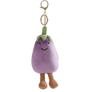 Cute eggplant plush keychain with smiling face and corduroy legs on white background