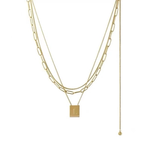 Three-layer gold stainless steel necklace with paperclip chain and L-letter pendant