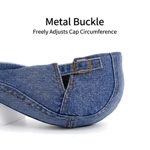 Vintage blue denim beret hat with adjustable metal buckle and contrast orange stitching