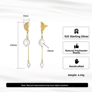 Detail of handmade 925 sterling silver drop earrings with natural freshwater pearls