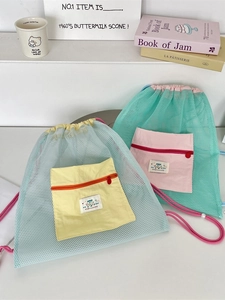 Contrast mesh drawstring backpack with zipper pocket and vibrant macaron colors for students