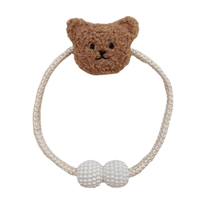 Fermatenda orsetto di peluche marrone con corda intrecciata beige e perle bianche