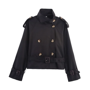 Women's black short trench coat jacket with double-breasted buttons and waist belt