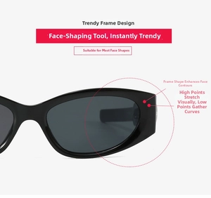 Detail view showing the curved frame design and dark lenses of black Y2K sunglasses