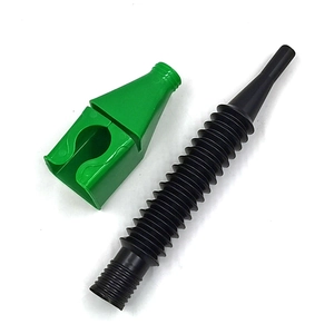 Portable green plastic oil funnel with flexible black bellows hose for motorcycles