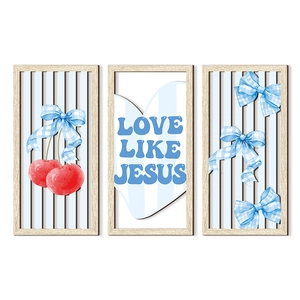 Set de 3 décorations murales en bois avec nœuds à carreaux bleus et cerises