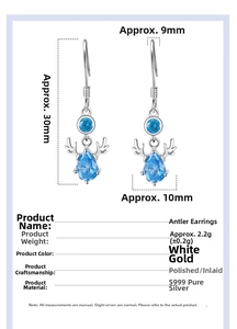 Close-up of S999 sterling silver reindeer antler earrings with blue cubic zirconia detail