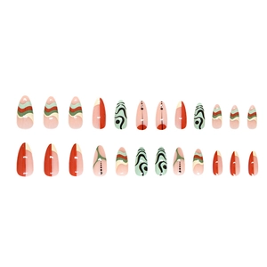 24pcs long almond press-on nails with colorful wave patterns and retro geometric art