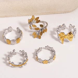 Two Tone Stainless Steel Open Adjustable Ring Leaf Floral Heart Bow Shell Design Fashion Jewelry For Women