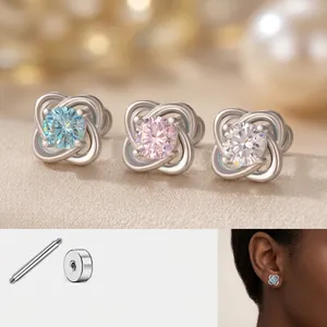 Kleeblatt Ohrstecker Titanstahl Zirkon Vierblättrige Blume Schraubverschluss Knorpel Piercing Schmuck Für Damen Alltag