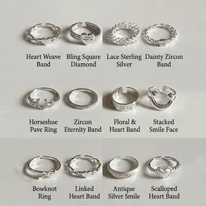 Set of 12 minimalist S925 sterling silver rings with heart, smile, and woven designs
