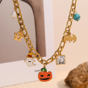 Gold-plated Halloween necklace with ghost, pumpkin, and bat charms on a Figaro chain