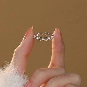 Hollow heart S925 sterling silver open ring with sparkling gemstones for women