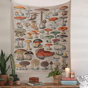 Detail of vintage mushroom scientific illustration tapestry in a home setting