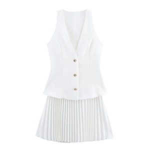 Women Elegant White Vest And Pleated Mini Skirt Set V Neck Patchwork Office Lady Streetwear Sleeveless Top And Bottom