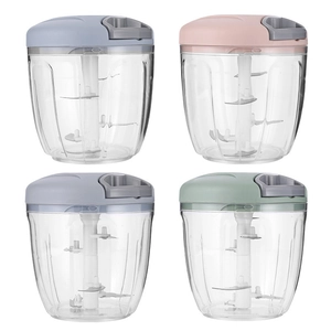 Manual food processor set in blue, pink, gray, and green with sharp multi-layer blades