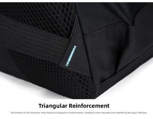 Detailed macro view of reinforced triangular stitching on black oxford backpack straps
