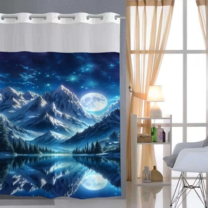 Detail of waterproof shower curtain featuring snowy mountain and moon digital print design