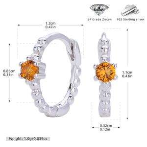 Detailed size chart of S925 silver hoop earrings with 8.5mm orange zircon stones