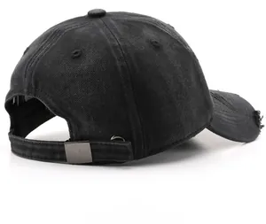 Rear view of washed black denim baseball cap with metal buckle and distressed detail