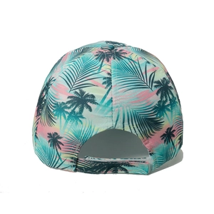 Adjustable baseball cap with tropical flamingo palm tree print and velcro back closure