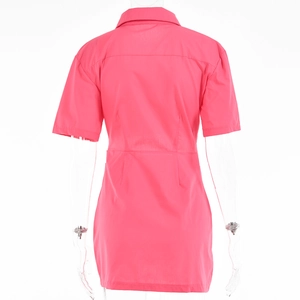 Rückansicht der leuchtend rosa Kurzarm-Kleid mit Taillennaht und Rückenpasse