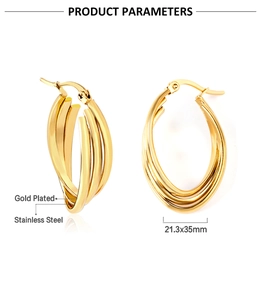 Technical view of triple-layered gold plated stainless steel geometric earrings 21.3x35mm