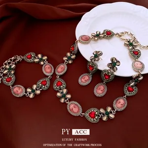 Vintage Baroque Jewelry Copper Acrylic Cameo Heart Necklace Bracelet Earrings With Silver Earring Post
