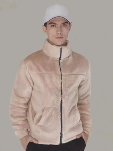 Front view of beige fleece jacket with stand collar and zipper closure for men