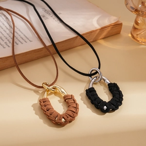 Bohemian velvet rope sweater necklace with hollow geometric metal wrap pendant for women